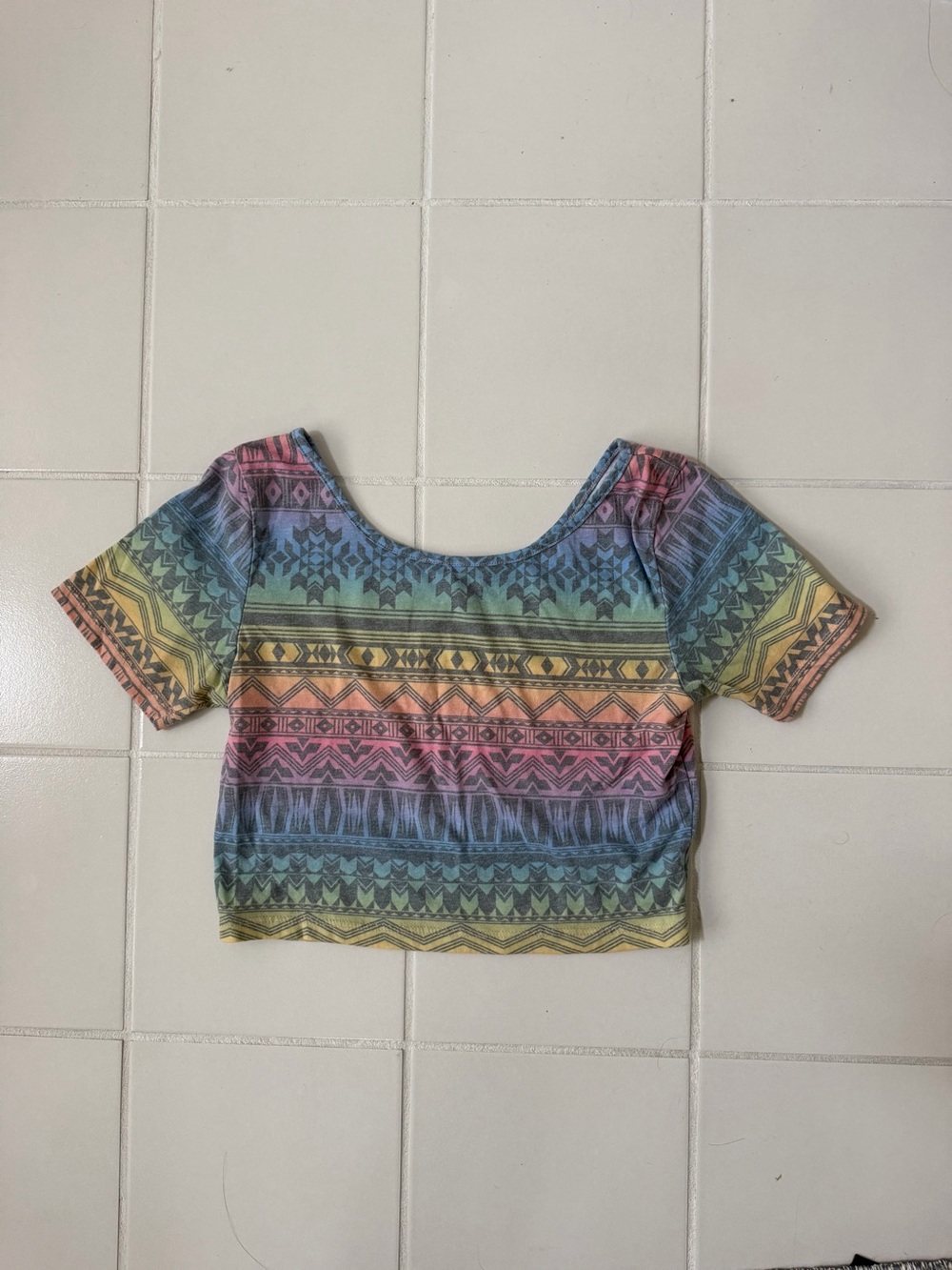 Rainbow Tribal Print Cropped Scoop Neck Top - Multicolor